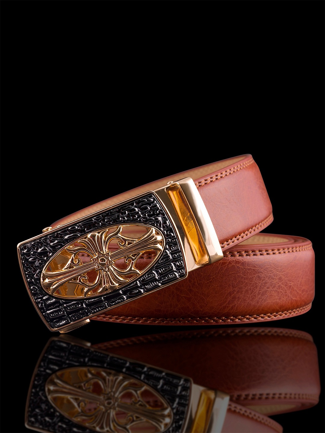 

NAEVE Men Leather Formal Belt With Textured Buckle, Brown