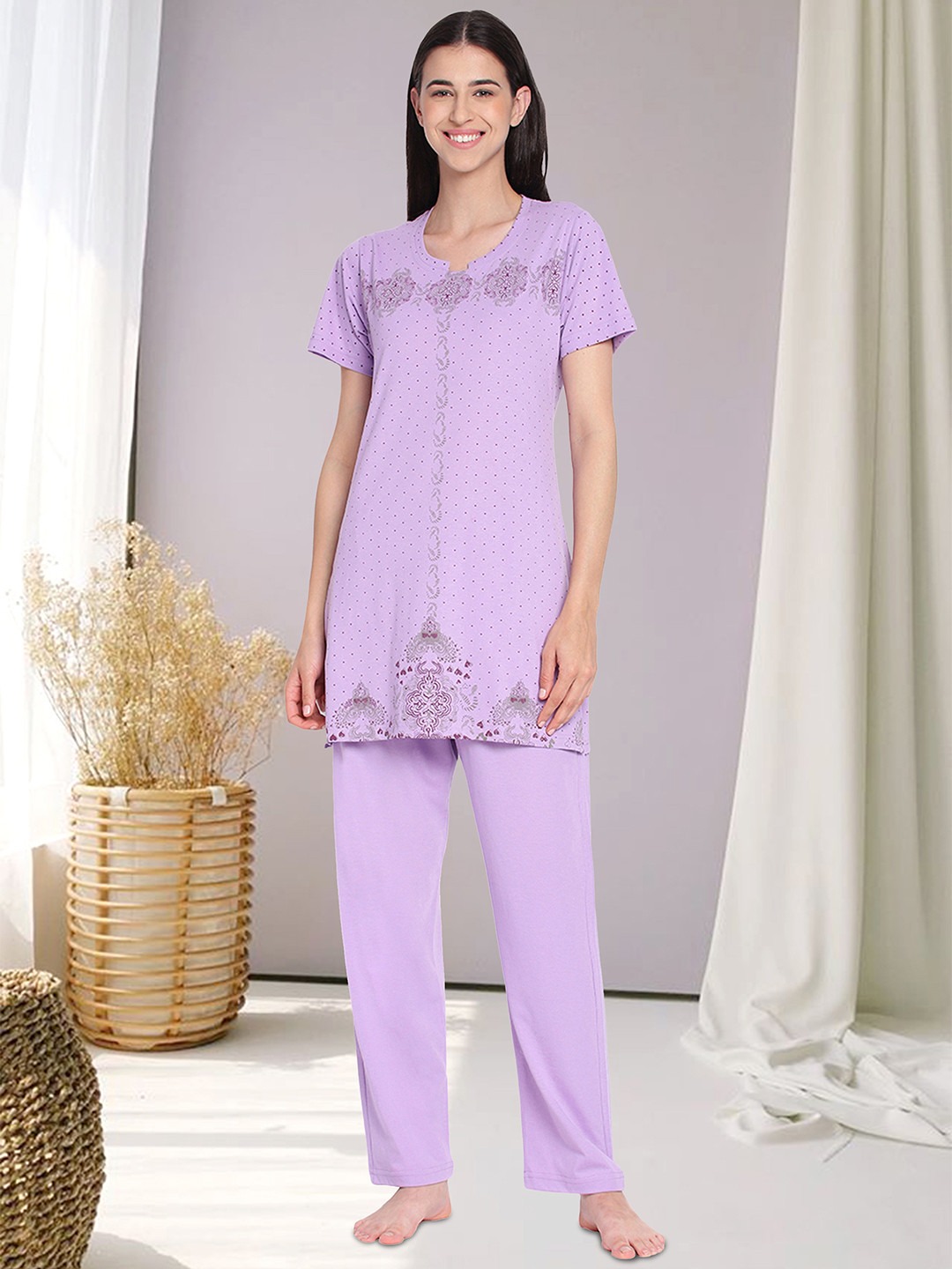 

Duchess Ethnic Motifs Printed Night Suit, Lavender