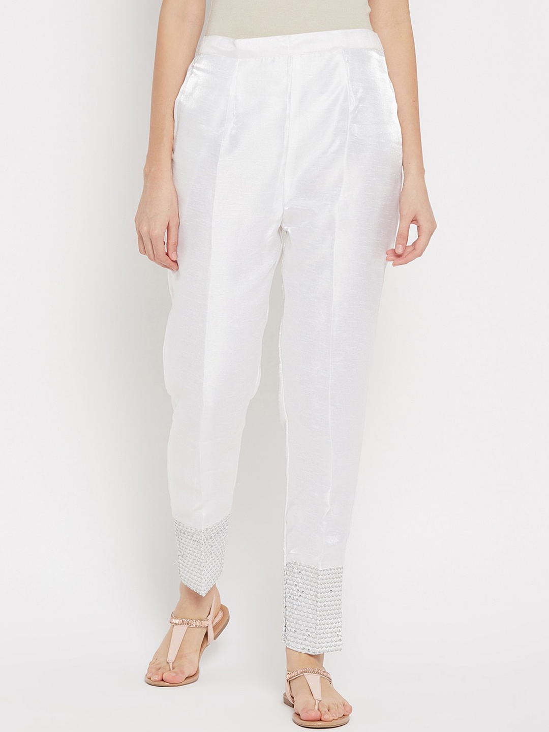 

Clora Creation Women Smart Easy Wash Pleated Silk Cigarette Trousers, White