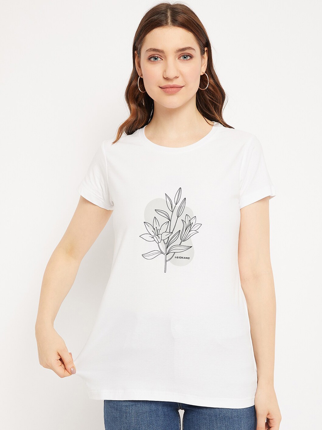 

Okane Floral Printed Round Neck Short Sleeve Cotton T-shirt, White