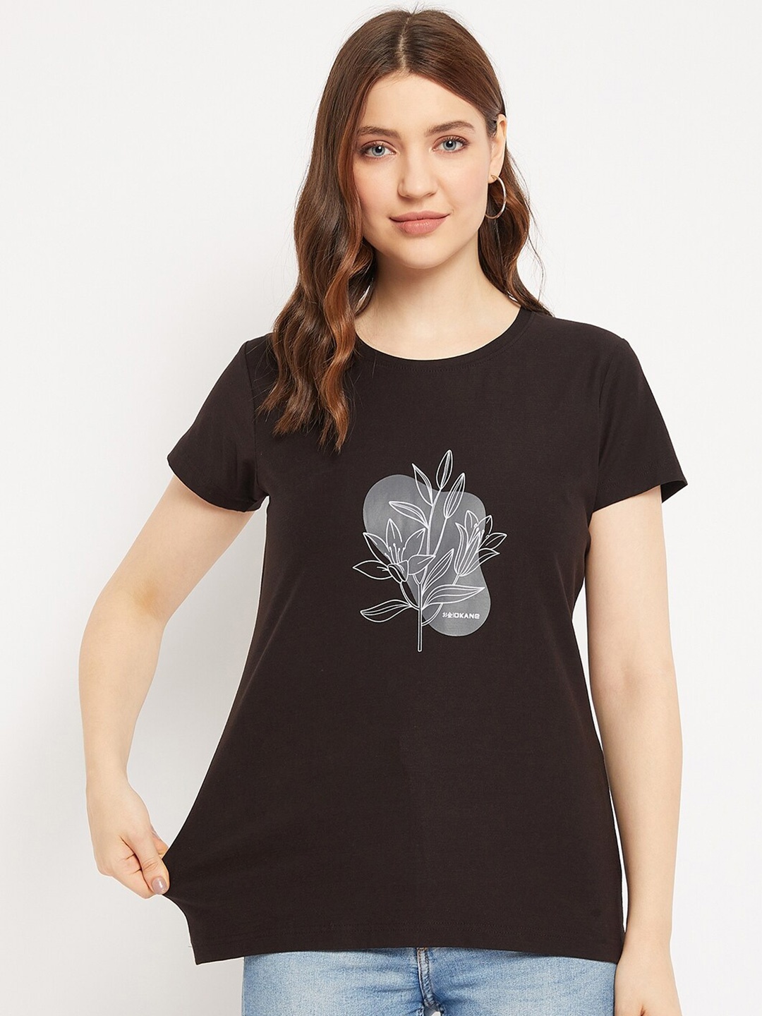 

Okane Graphic Printed Cotton T-shirt, Black