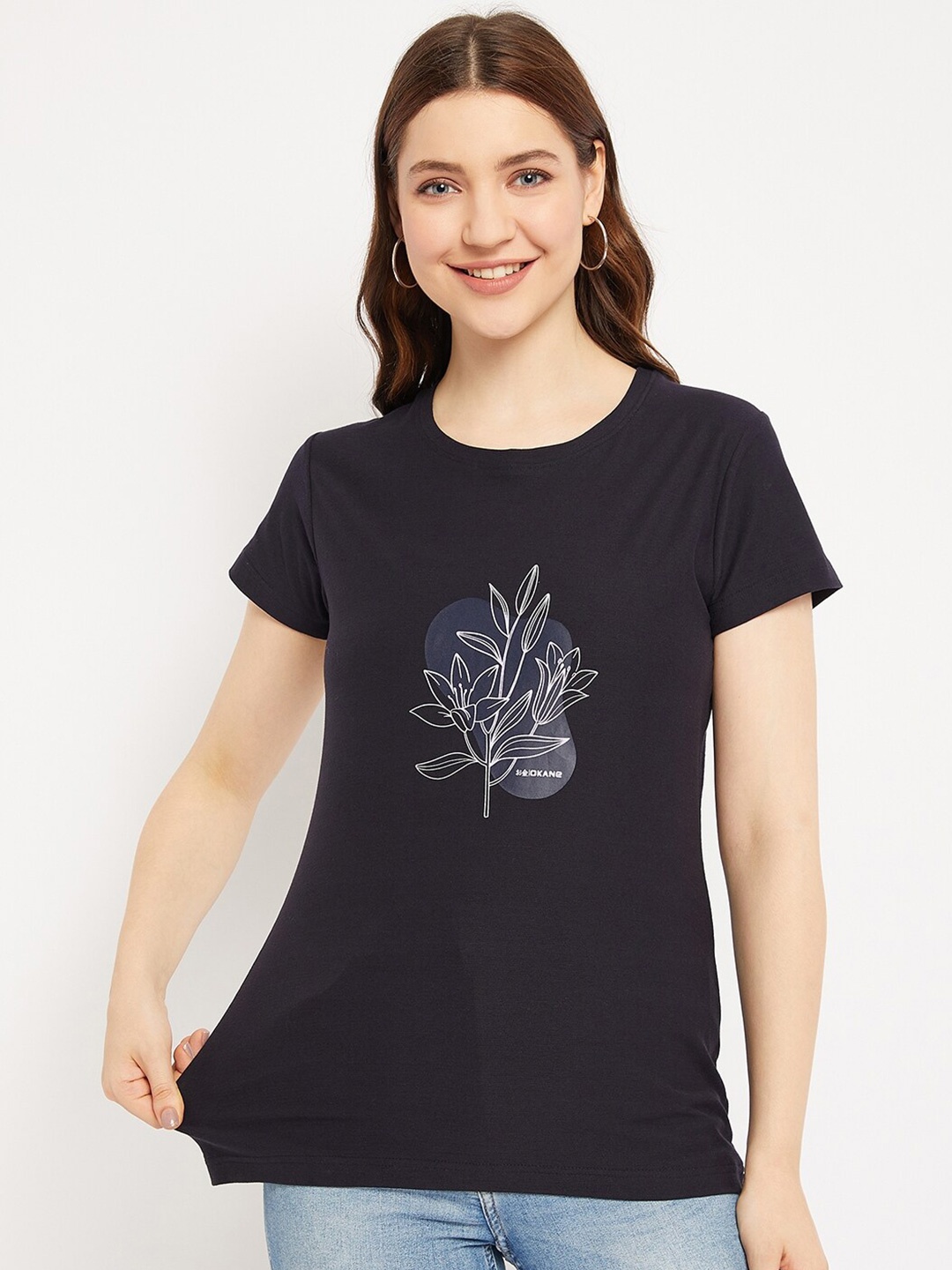

Okane Floral Printed Cotton T-shirt, Navy blue