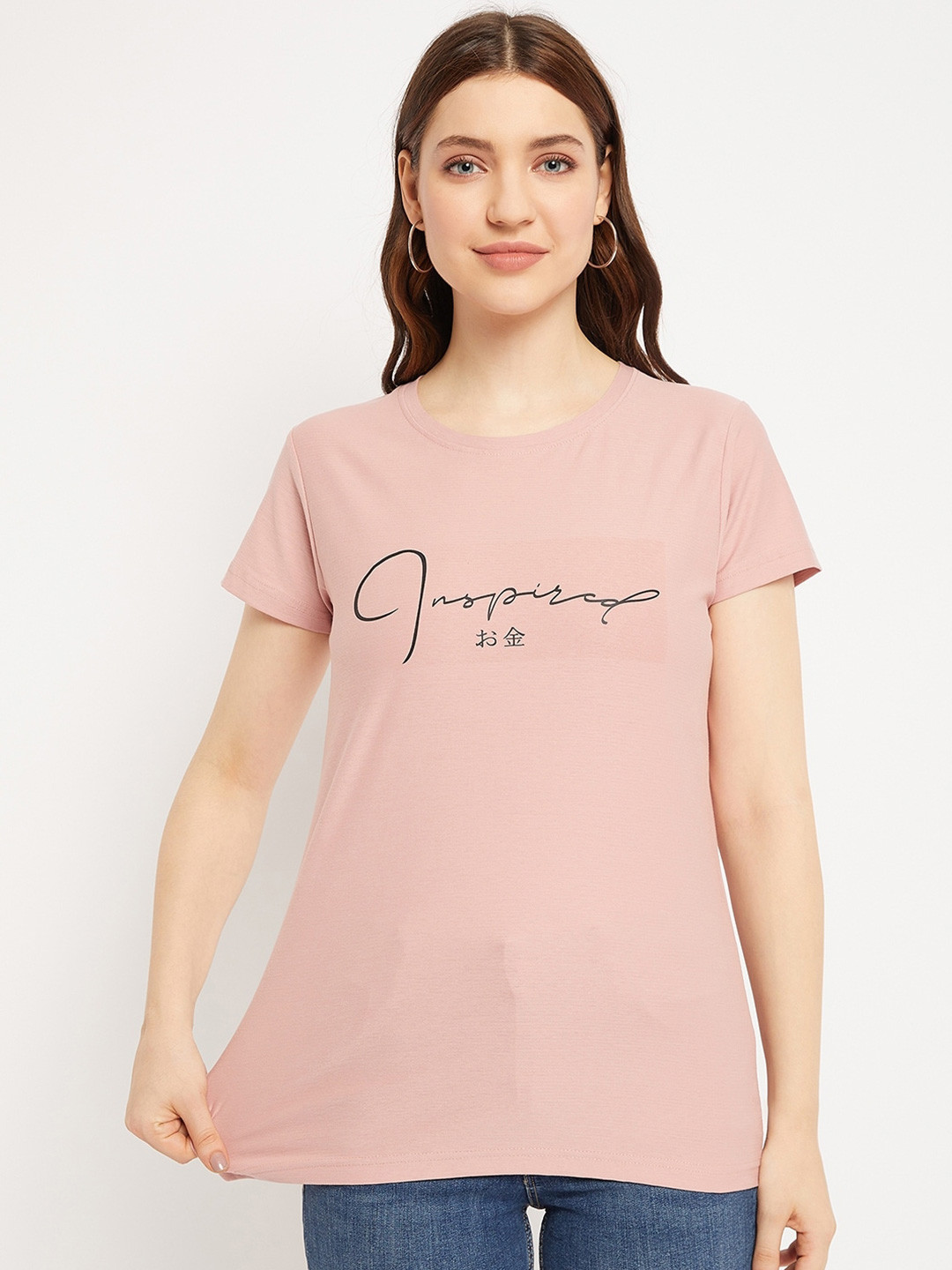 

Okane Women Typography Printed Cotton T-shirt, Pink