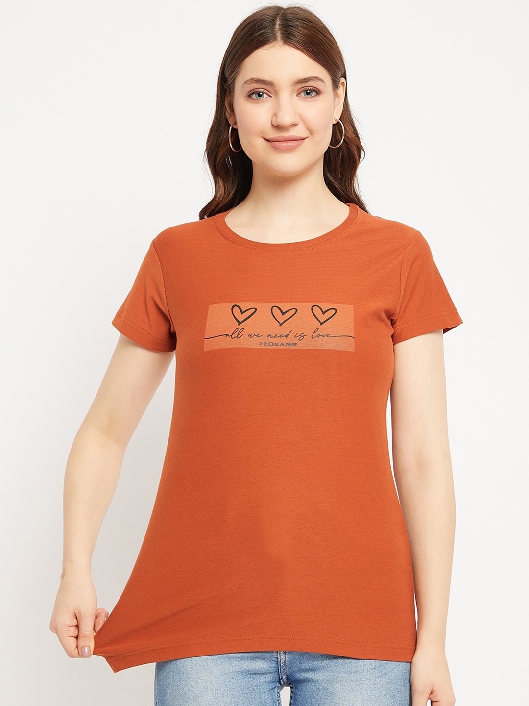 Okane Typography Printed Cotton T-shirt, Rust