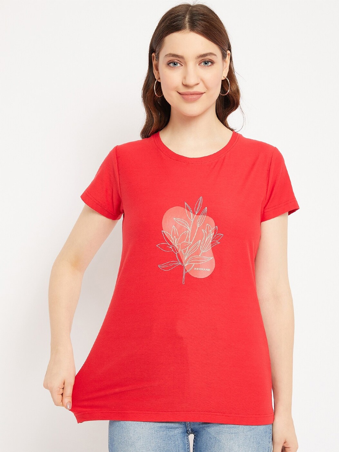 

Okane Floral Printed Cotton T-shirt, Red