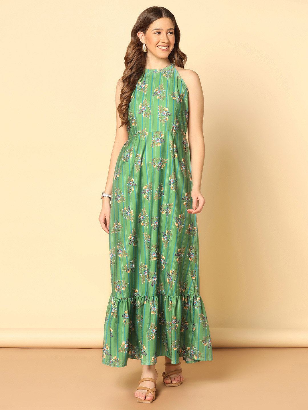 

FASHION DREAM Floral Printed Sleeveless A-Line Maxi Dress, Green