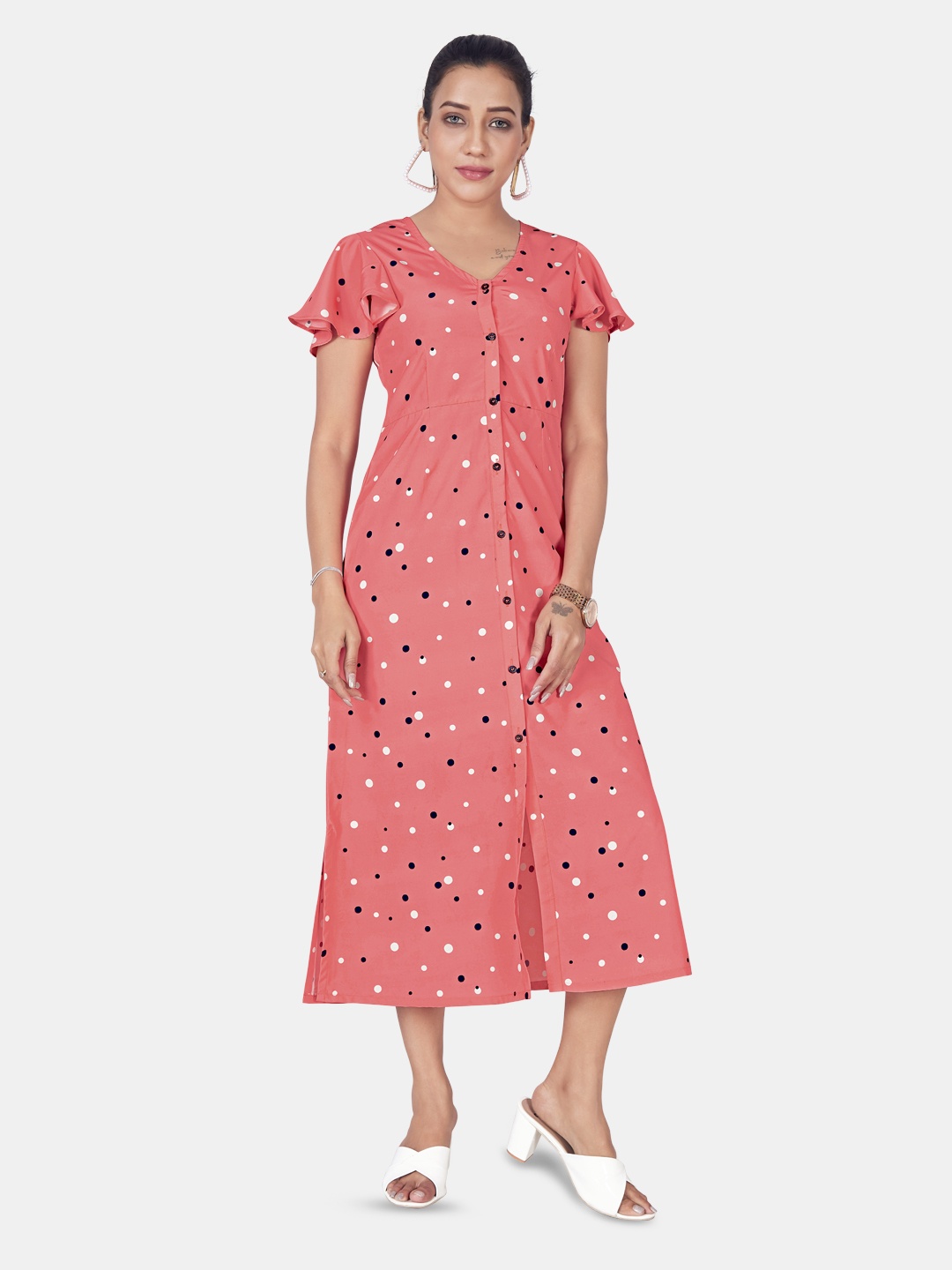 

FASHION DREAM Geometric Printed Flutter Sleeves Shirt Midi Dress, Pink