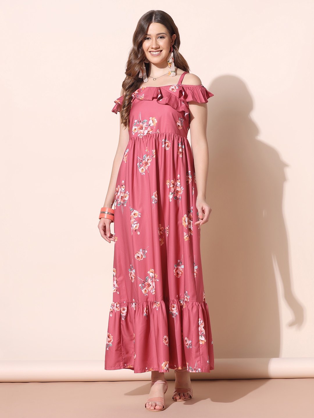 

FASHION DREAM Shoulder Straps Floral Printed Ruffles Crepe Maxi Dress, Pink
