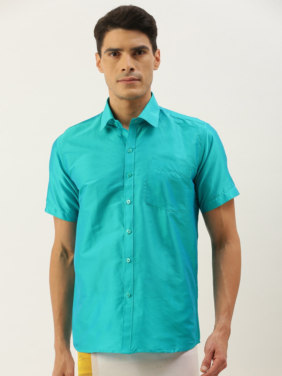 

THANGAMAGAN Regular Fit Short Sleeves Casual Shirt, Turquoise blue