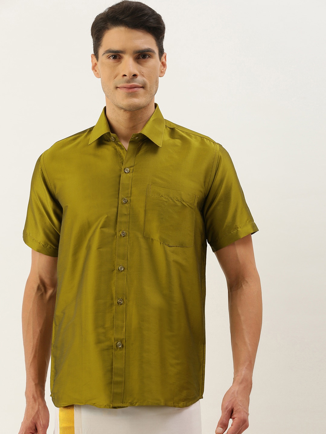 

THANGAMAGAN Spread Collar Opaque Party Shirt, Olive