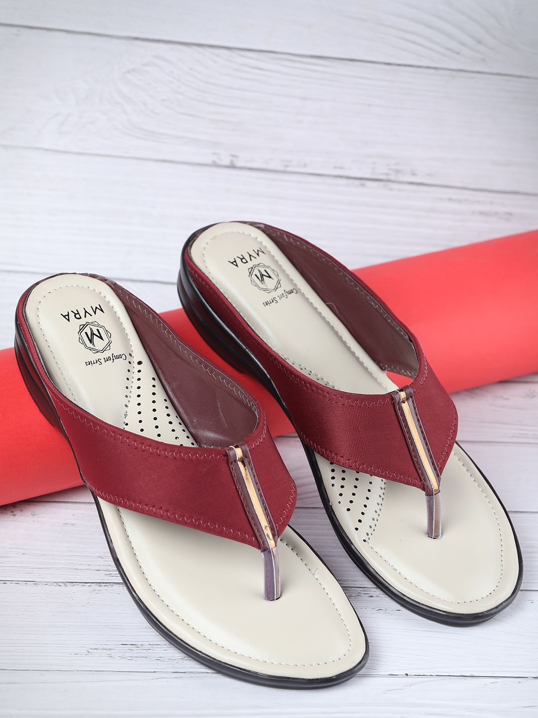 

Myra Women Arch-support Fabric Open Toe Flats, Burgundy