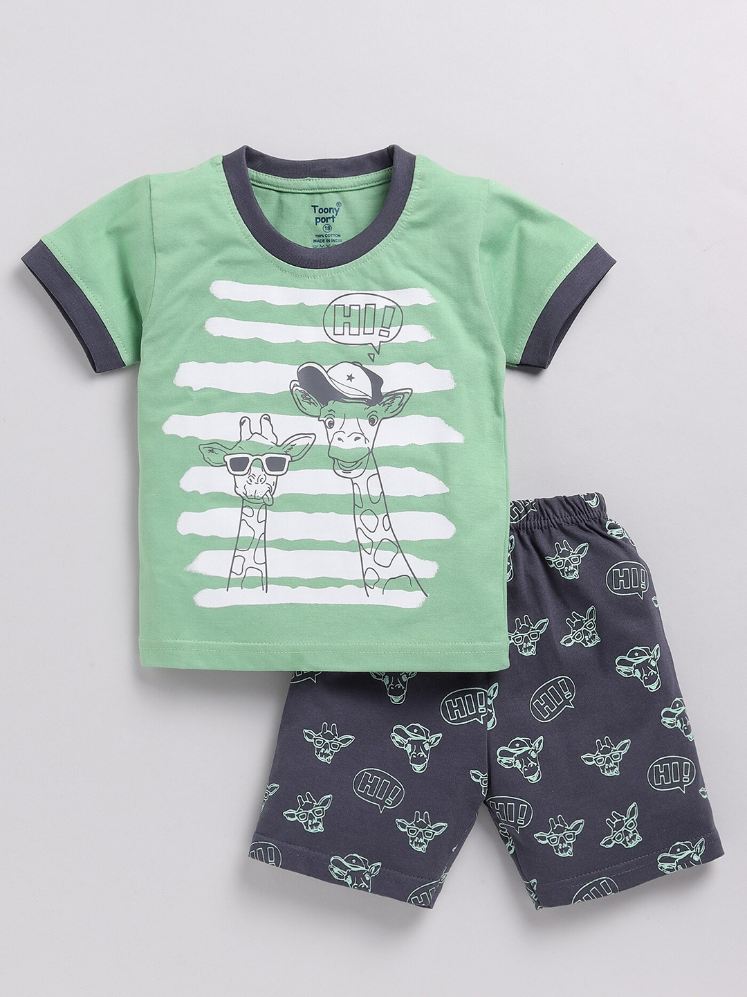 Toonyport Boys Printed Pure Cotton T-shirt with Shorts, Green