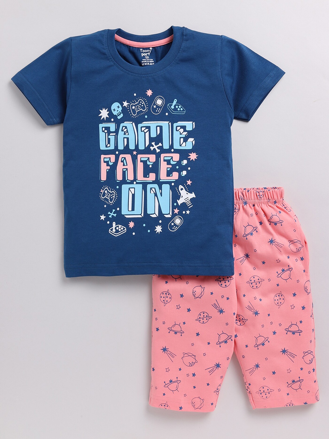 Toonyport Boys Printed Pure Cotton T-shirt with Shorts, Blue