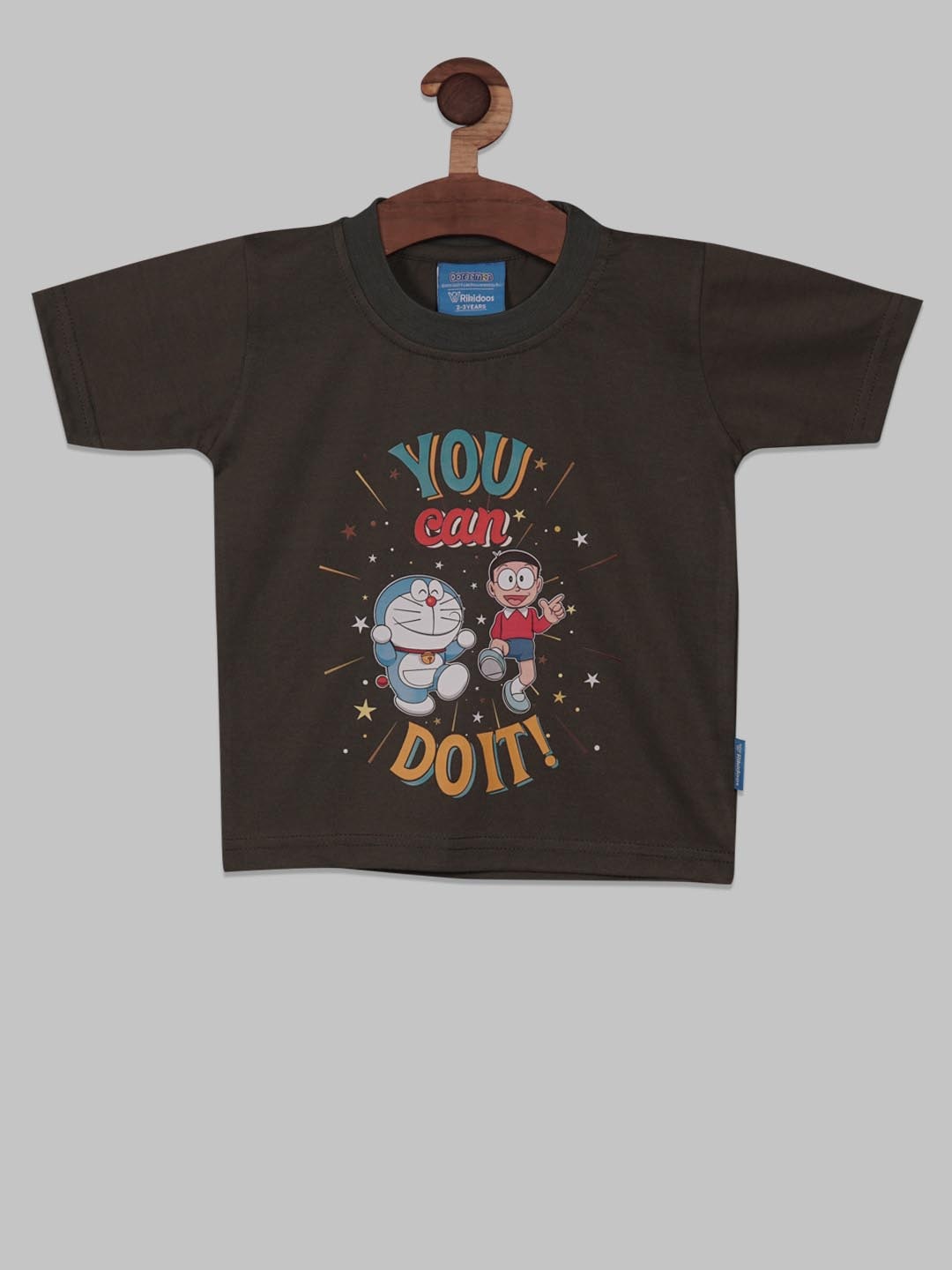 

RIKIDOOS Boys Doraemon Printed Cotton T-shirt, Olive
