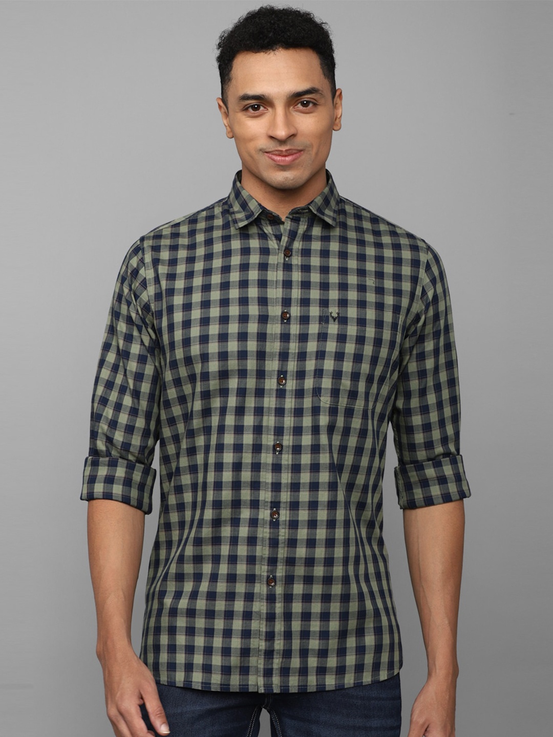 

Allen Solly Men Slim Fit Opaque Checked Pure Cotton Casual Shirt, Navy blue
