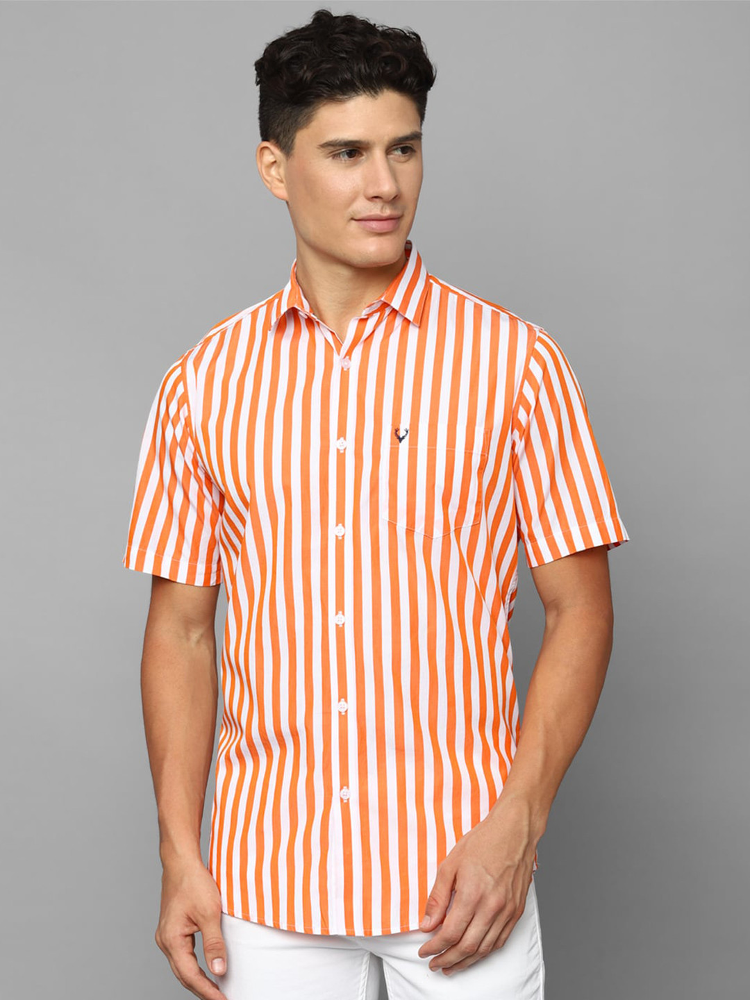 

Allen Solly Vertical Striped Pure Cotton Slim Fit Casual Shirt, Orange