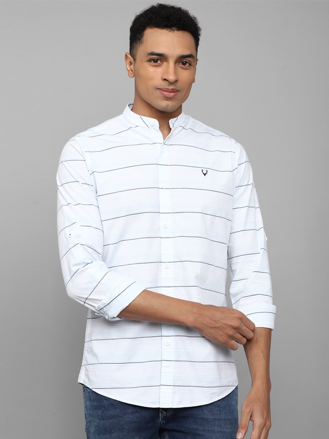 

Allen Solly Sport Horizontal Striped Mandarin Collar Pure Cotton Casual Shirt, Blue