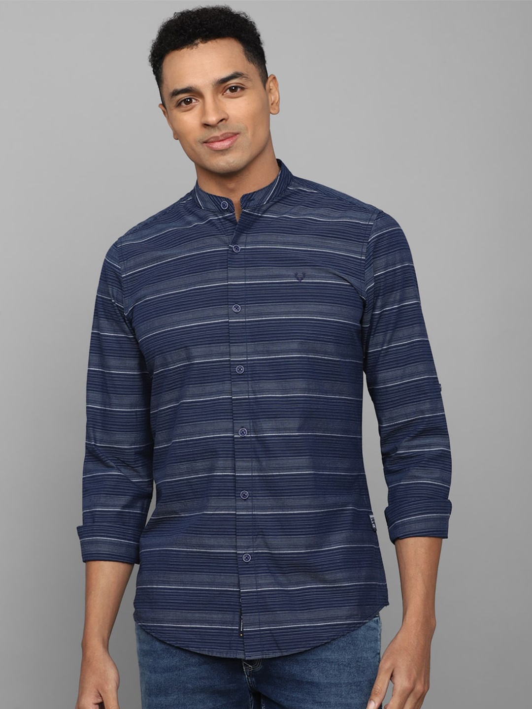 

Allen Solly Sport Striped Mandarin Collar Pure Cotton Casual Shirt, Navy blue