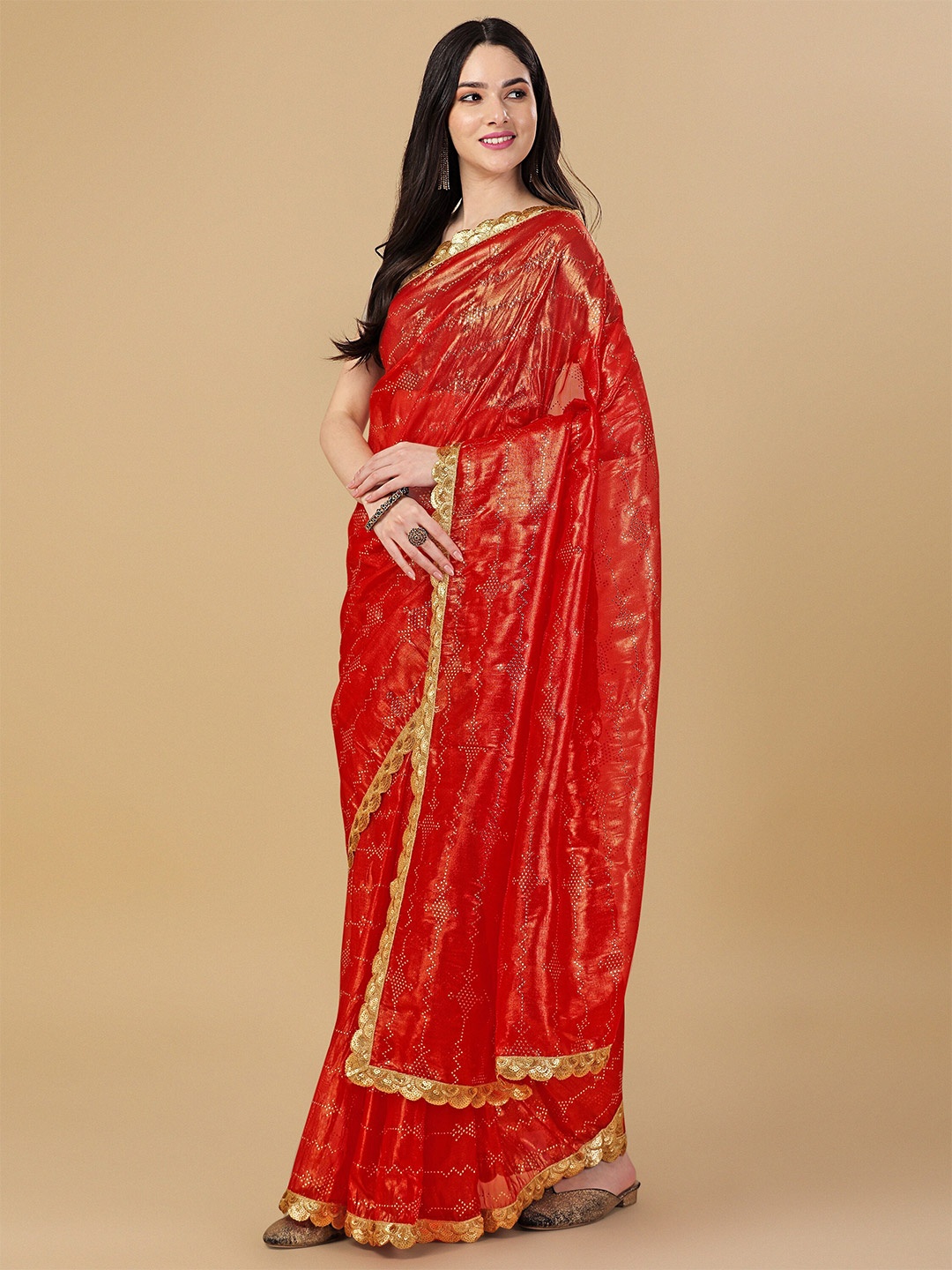 

Mitera Embellished Organza Saree, Red