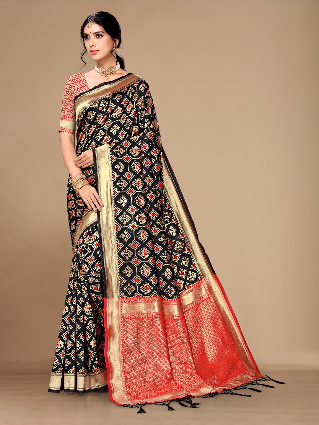 

Mitera Woven Design Zari Silk Cotton Banarasi Saree, Black