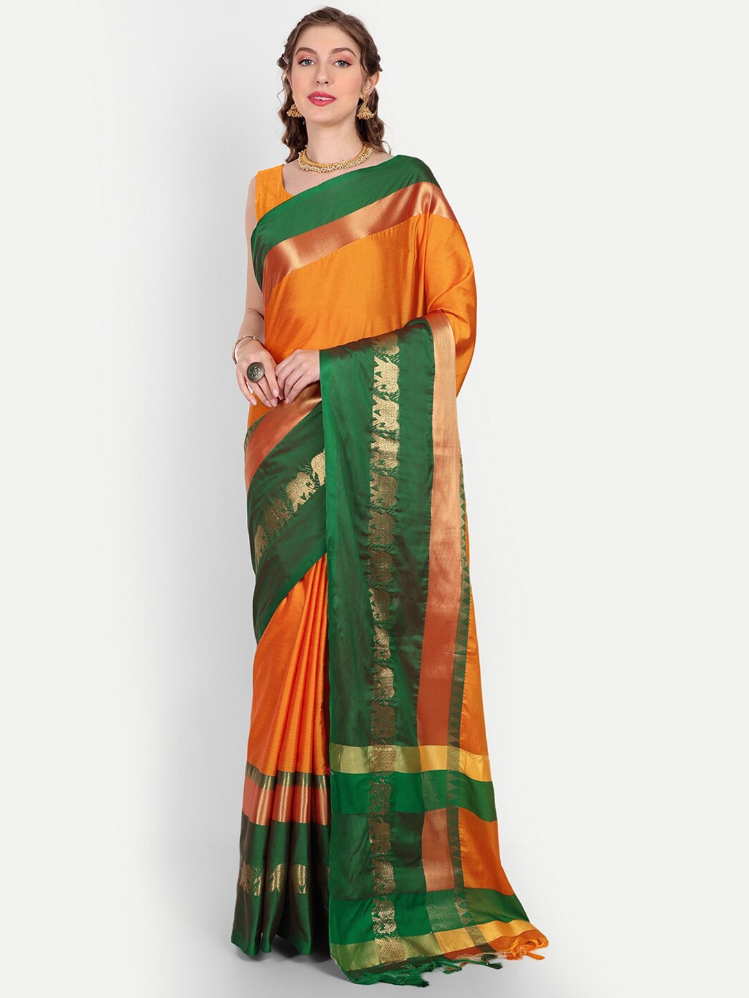 

Paramparik Textile Zari Silk Cotton Paithani Saree, Orange