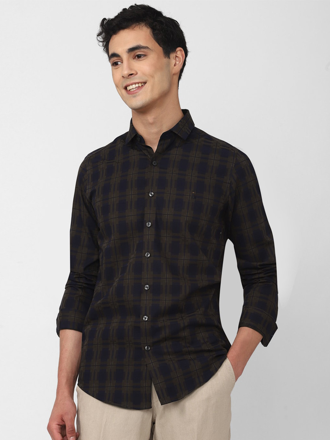 

SIMON CARTER LONDON Slim Fit Shepherd Checks Checked Pure Cotton Casual Shirt, Navy blue