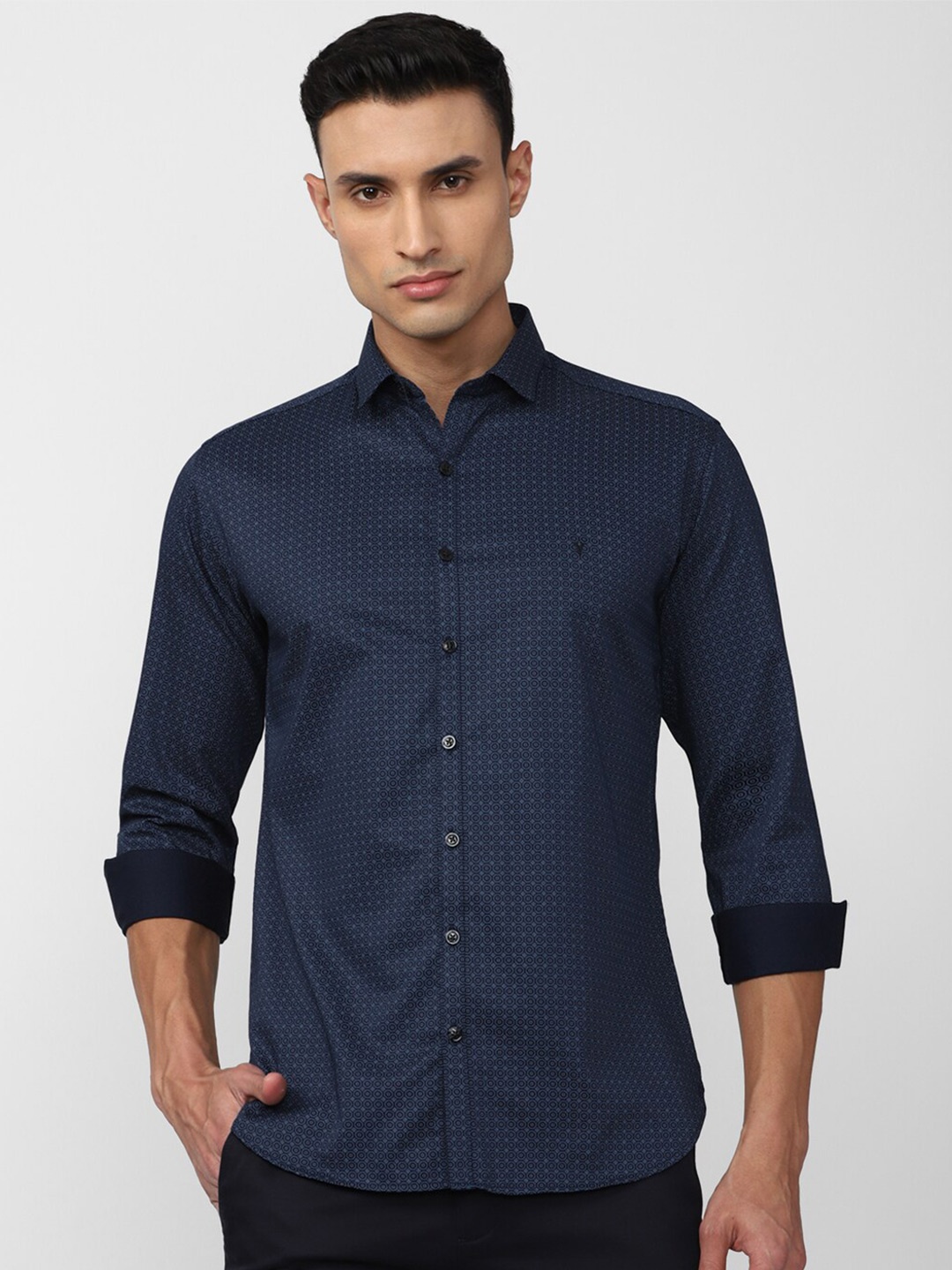 

V Dot Micro Ditsy Printed Spread Collar Pure Cotton Casual Shirt, Navy blue