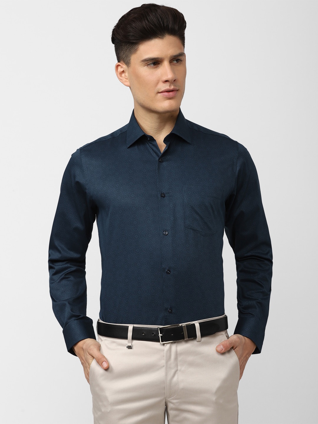 

Van Heusen Men Textured Printed Pure Cotton Formal Shirt, Navy blue