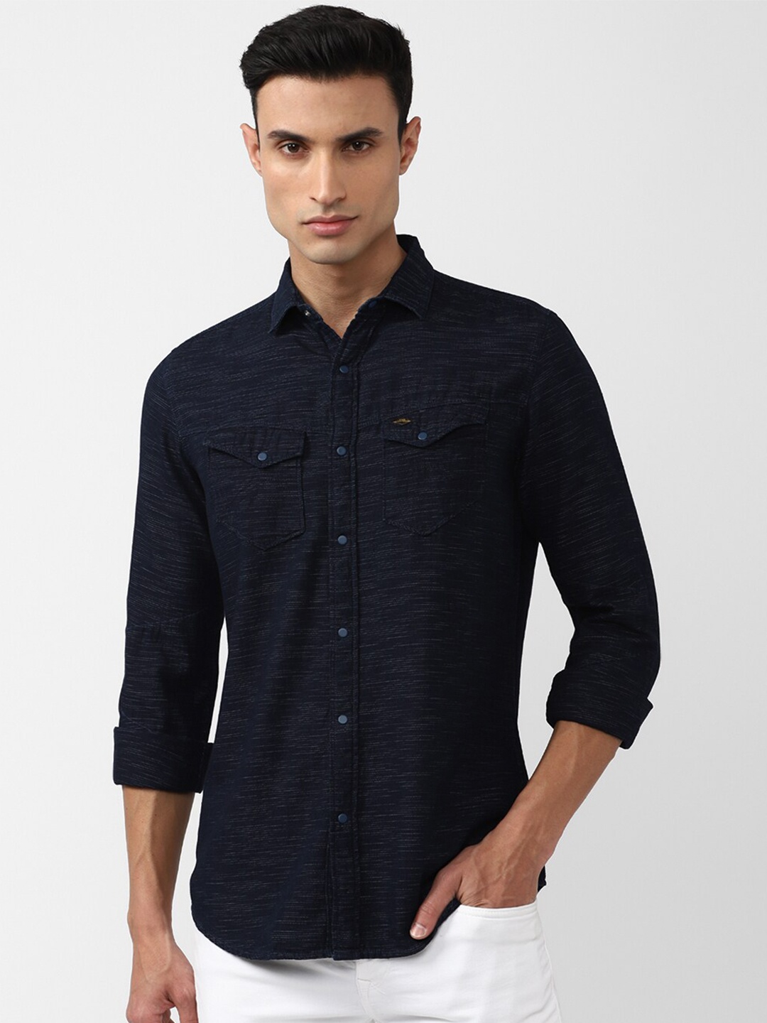 

VAN HEUSEN DENIM LABS Slim Fit Opaque Horizontal Stripes Striped Casual Shirt, Navy blue
