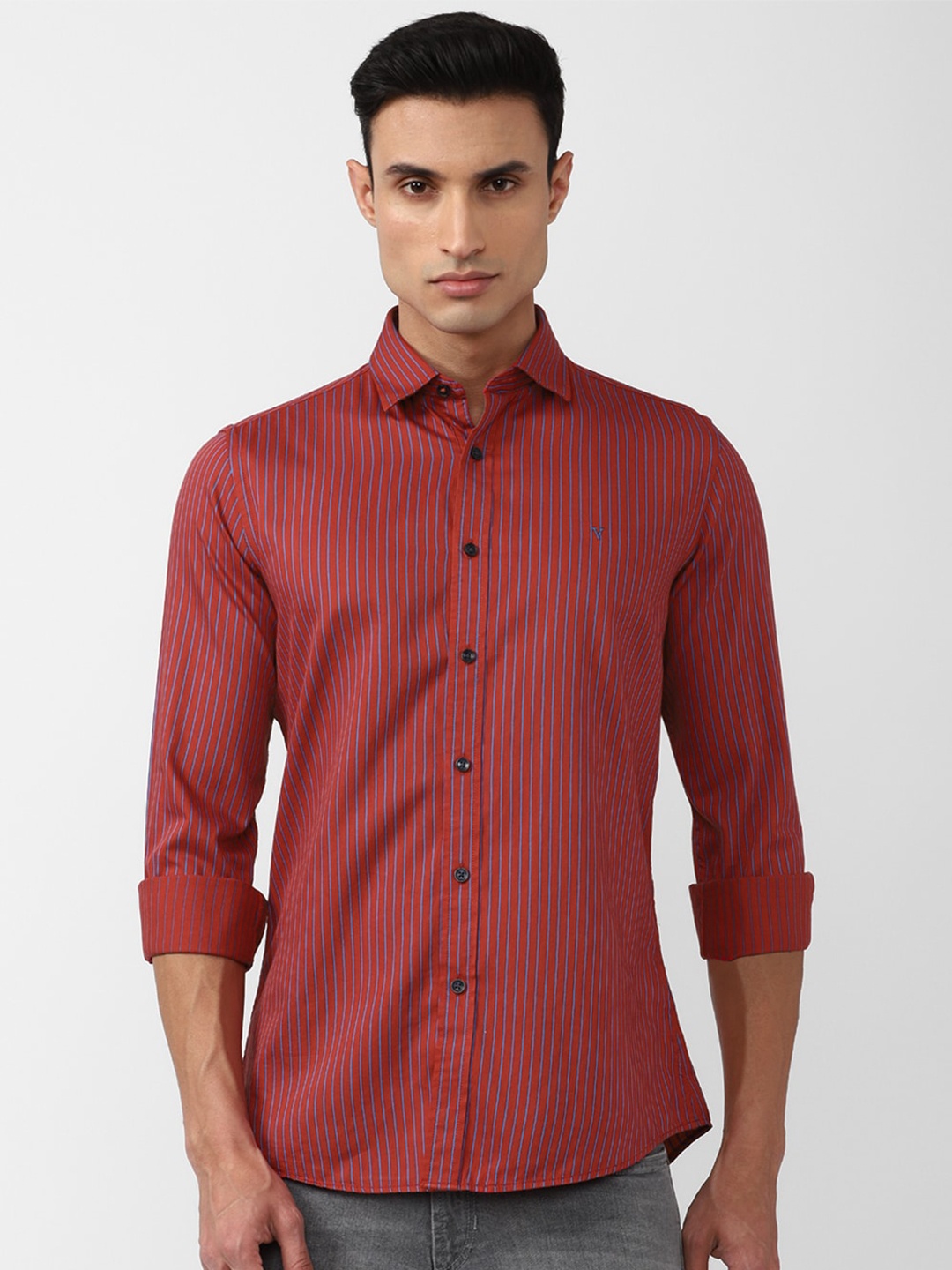 

Van Heusen Sport Slim Fit Vertical Striped Opaque Casual Pure Cotton Shirt, Red