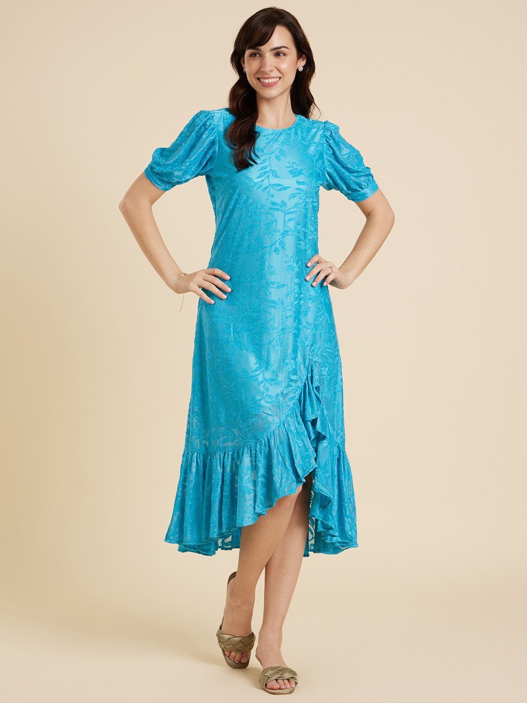 

Emmyrobe Round Neck Puff Sleeve Ruffled Jacquard A-Line Midi Dress, Blue