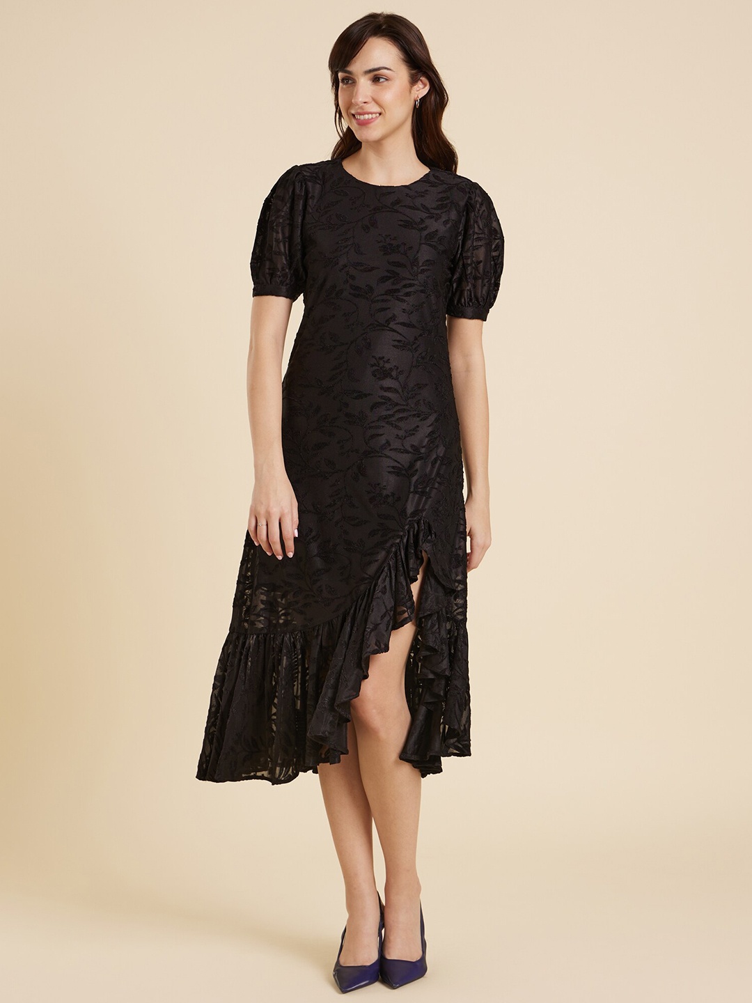 

Emmyrobe Puff Sleeve Ruffled Jacquard Sheath Midi Dress, Black
