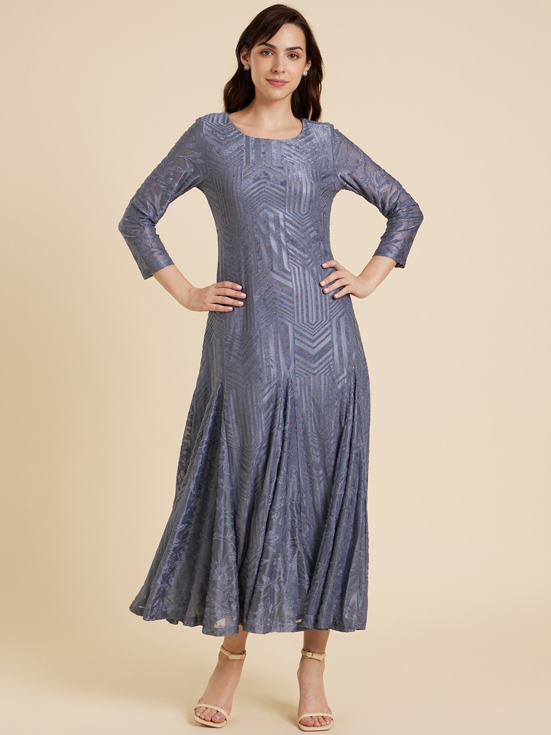

Emmyrobe Round Neck Jacquard Maxi Dress, Grey