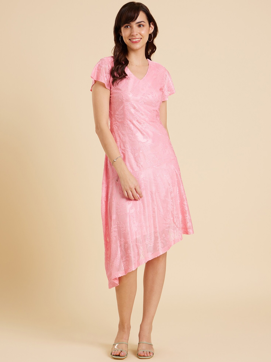 

Emmyrobe V-Neck Asymmetrical Hemline Jacquard A-Line Dress, Pink