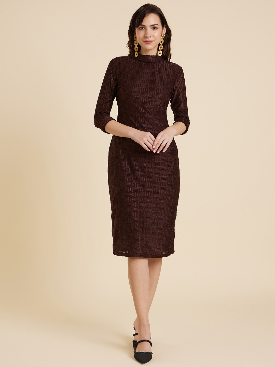 

Emmyrobe Self Design Mock Neck Sheath Dress, Brown