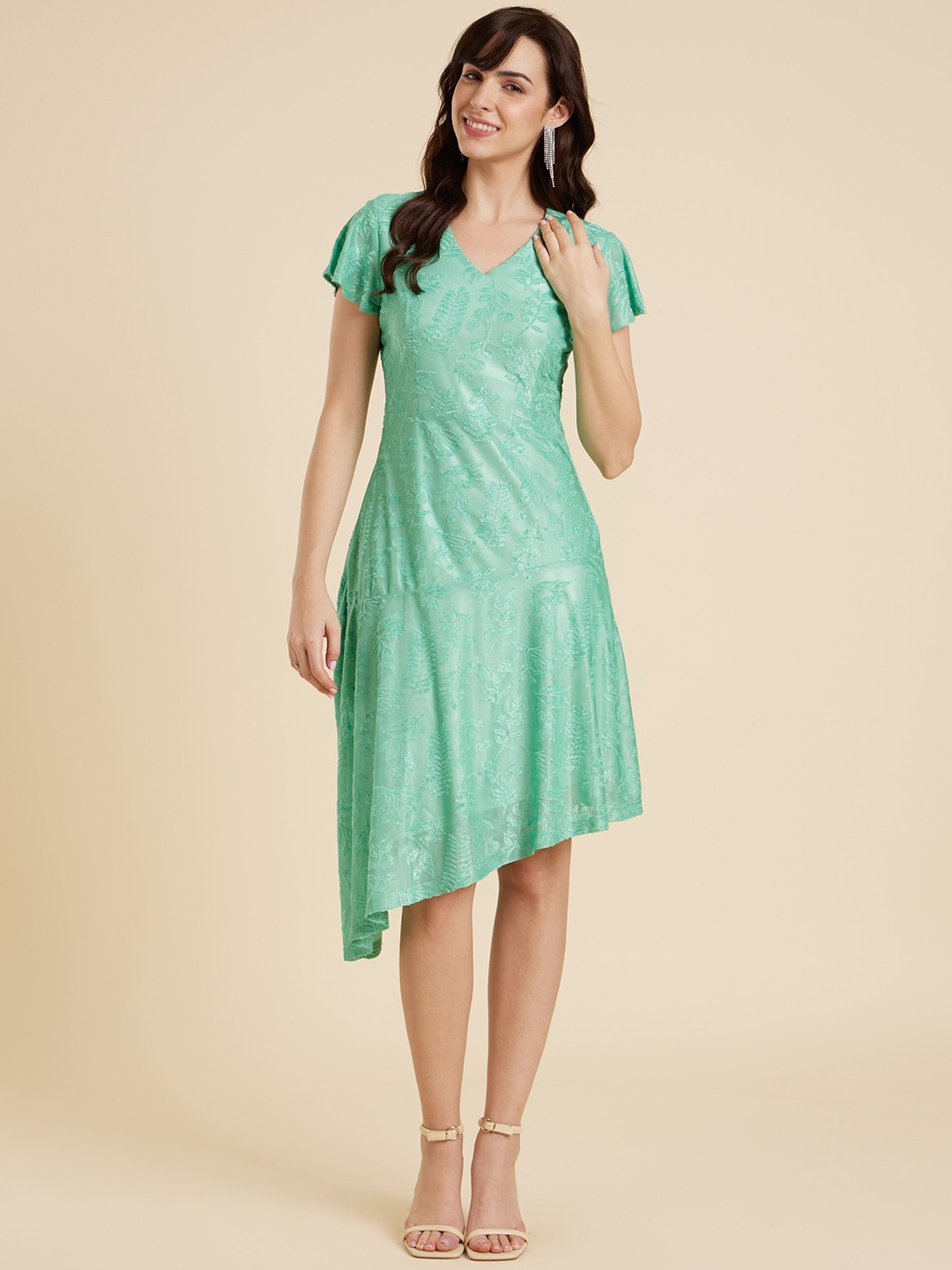 

Emmyrobe V-Neck Asymmetrical Hemline Jacquard A-Line Dress, Sea green