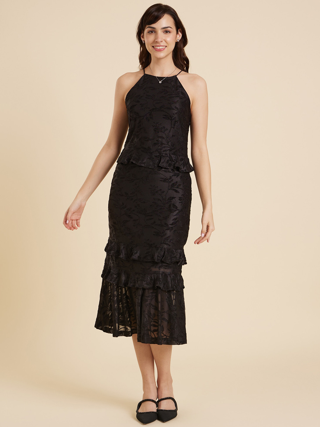 

Emmyrobe Self Design Ruffles Peplum Midi Dress, Black