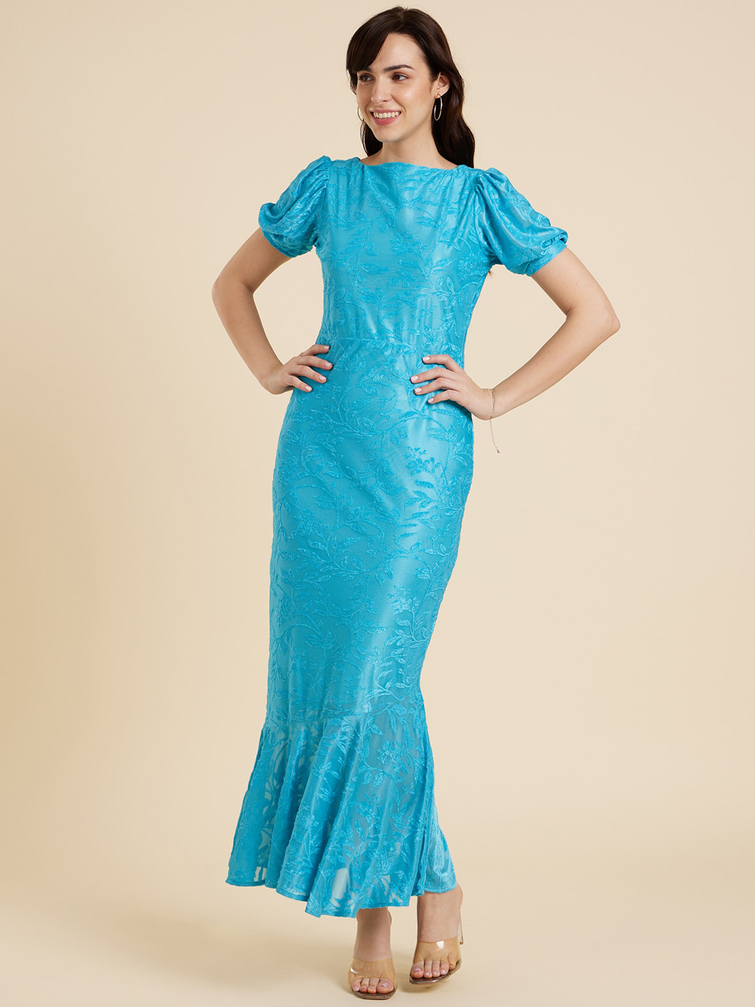 

Emmyrobe Boat Neck Puff Sleeve Ruffled Jacquard Maxi Dress, Blue