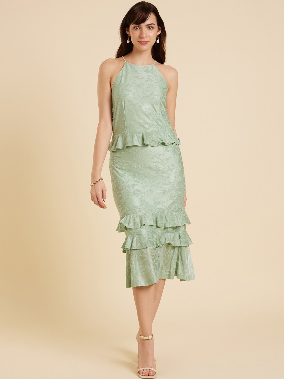 

Emmyrobe Self Design Ruffles Peplum Midi Dress, Olive