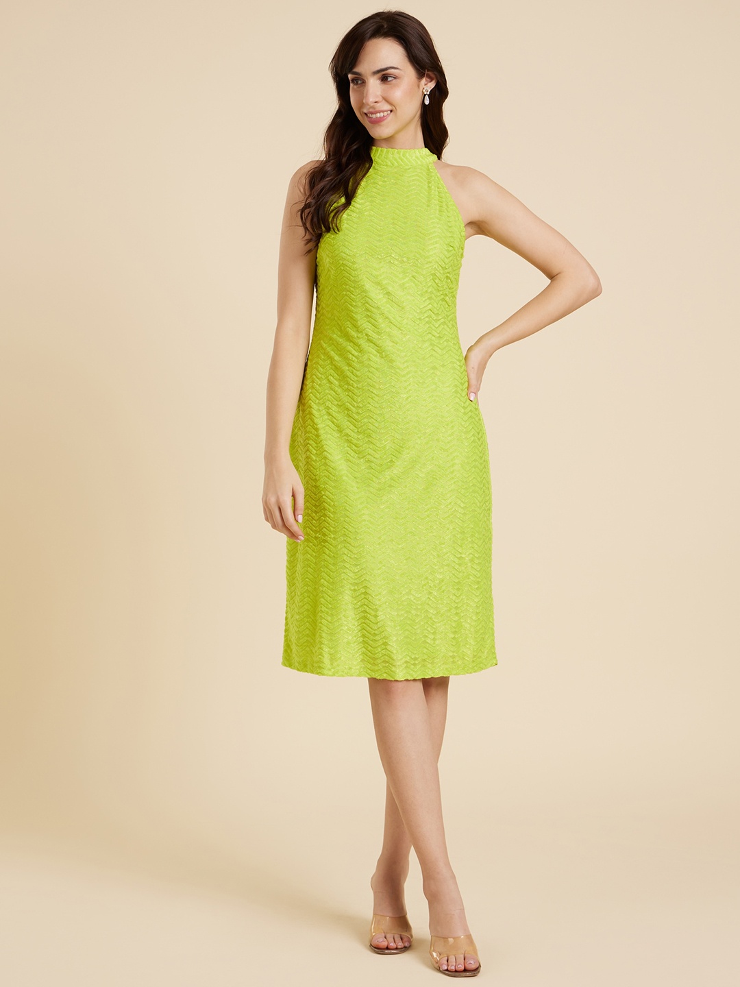 

Emmyrobe Self Design Sleeveless Jacquard Sheath Dress, Lime green