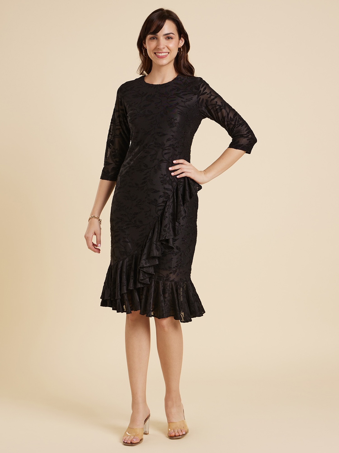 

Emmyrobe Self Design Ruffles Sheath Dress, Black