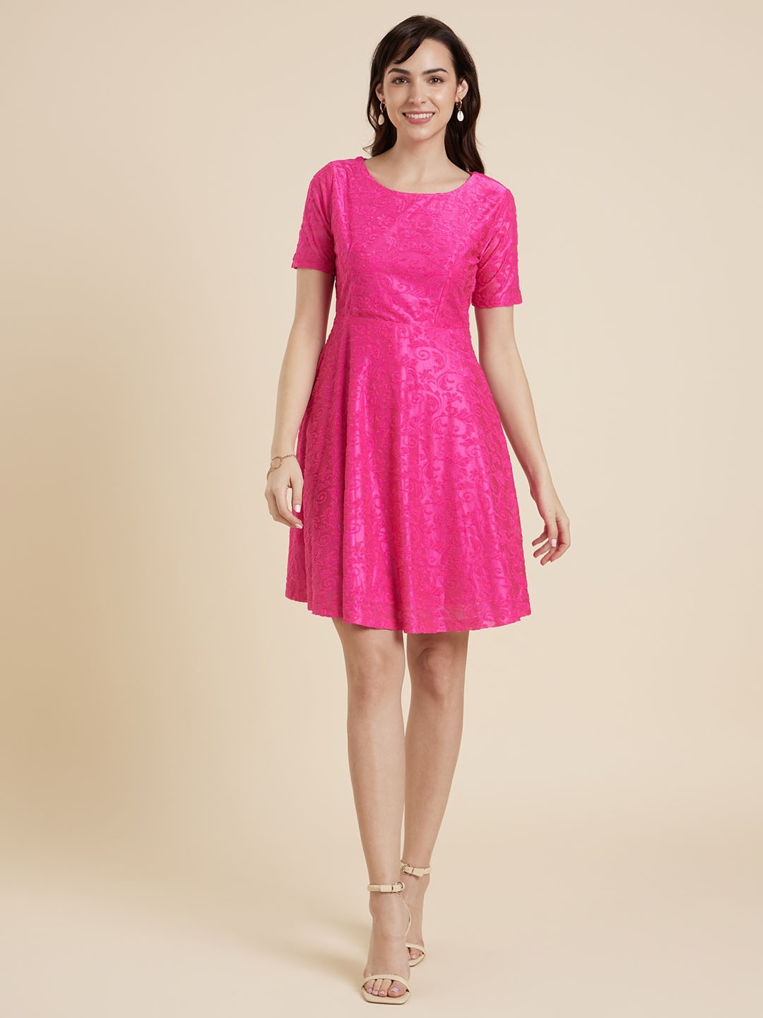 

Emmyrobe Self Design Jacquard Fit & Flare Dress, Pink