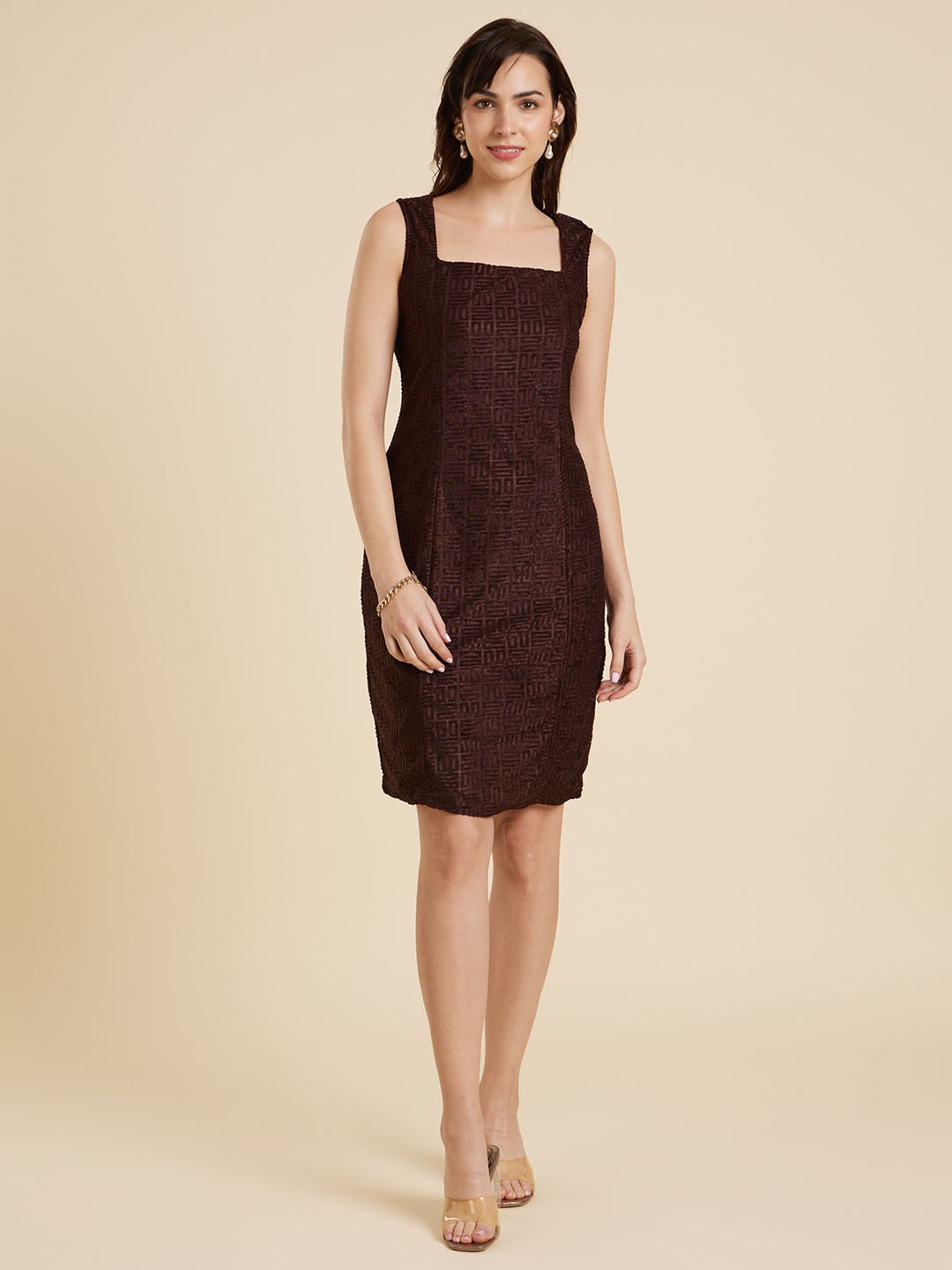 

Emmyrobe Square Neck Jacquard Sheath Dress, Brown