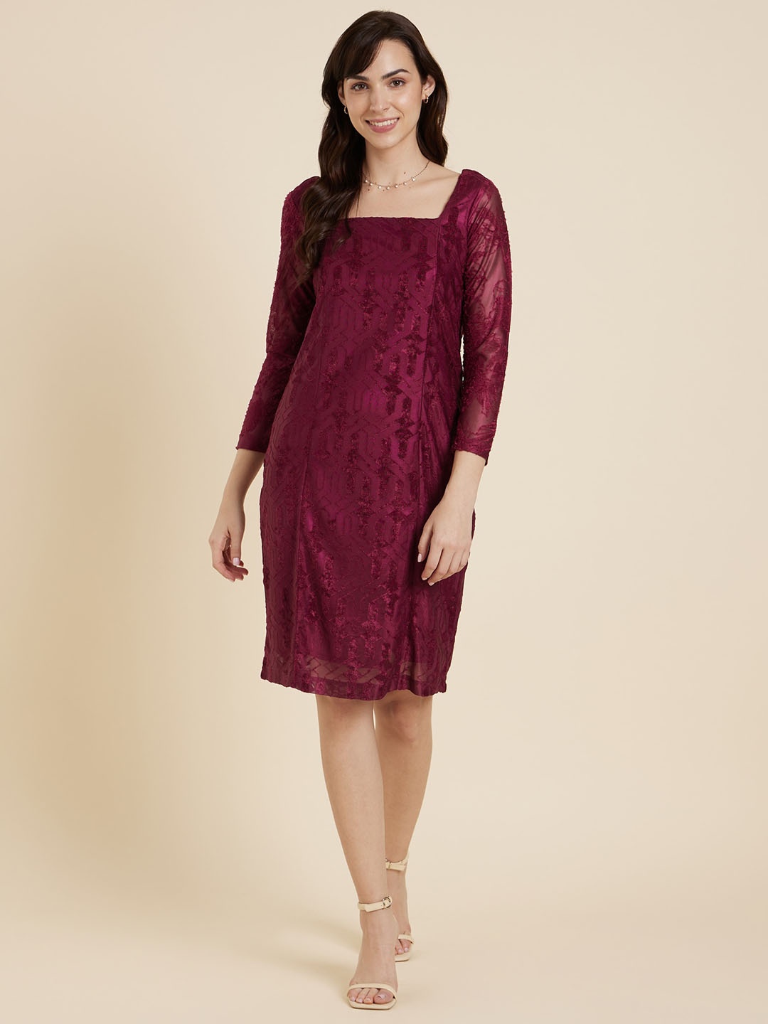 

Emmyrobe Self Design Square Neck Sheath Dress, Maroon