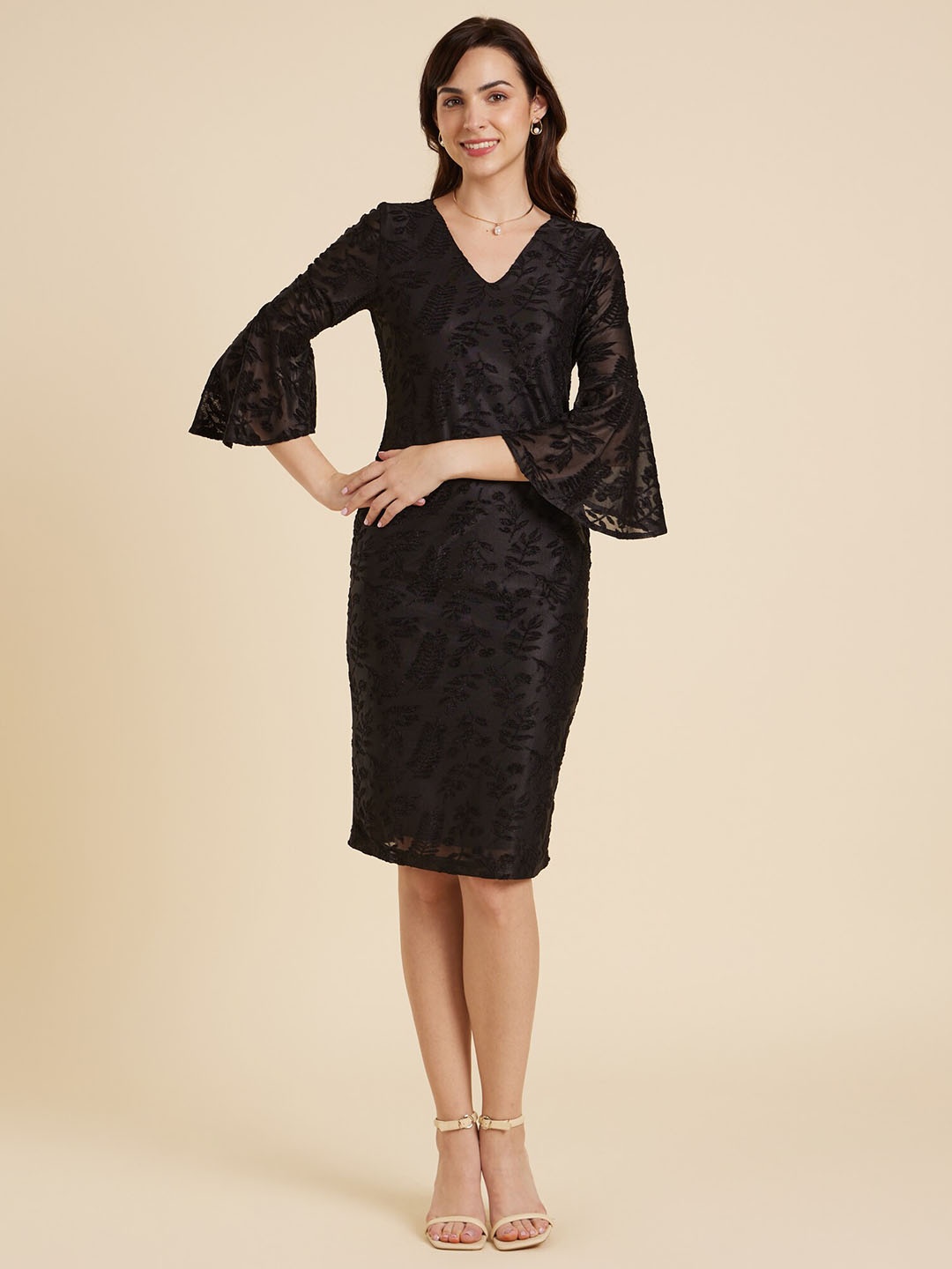 

Emmyrobe Floral Embroidered Bell Sleeves Sheath Dress, Black
