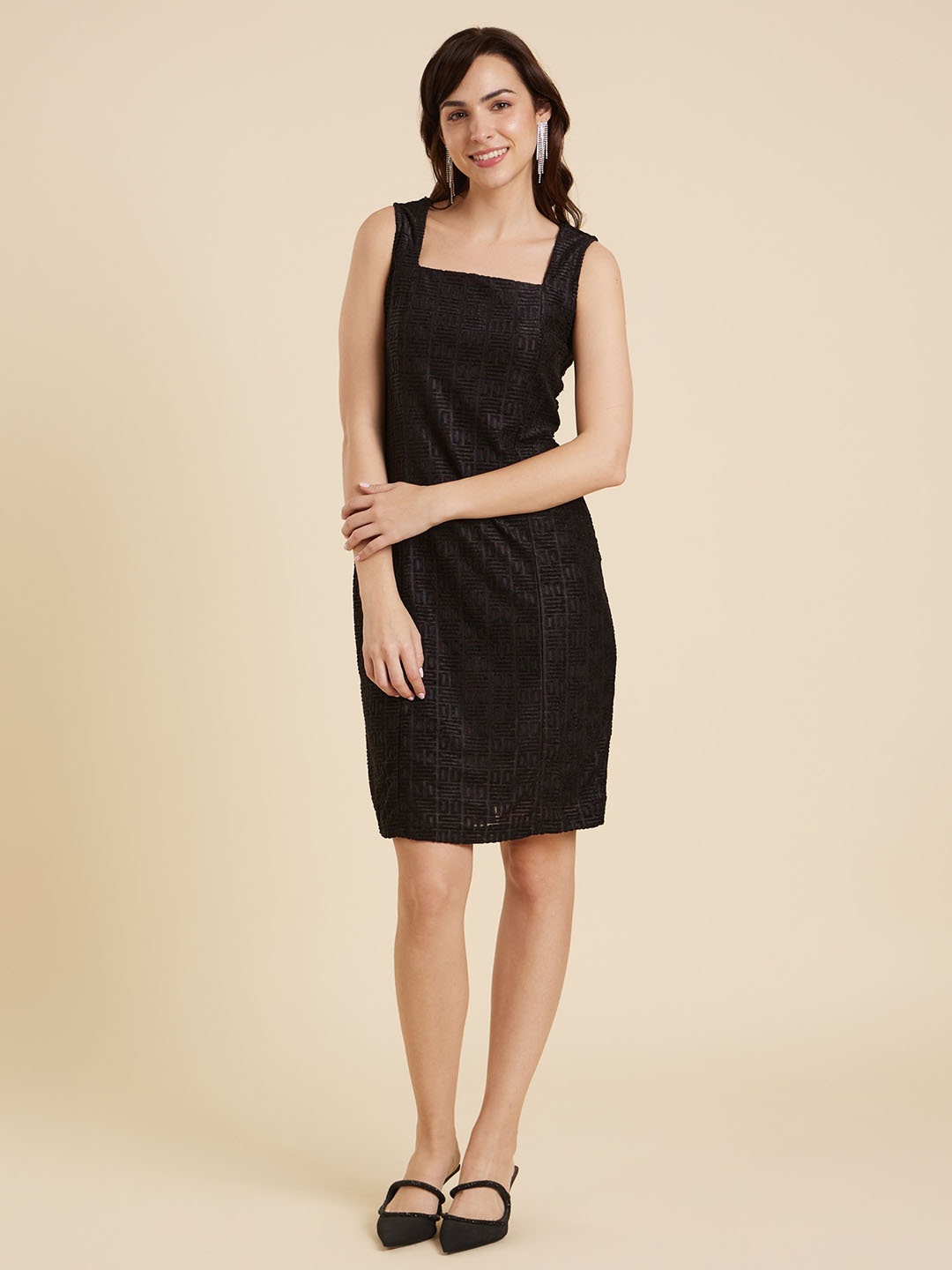 

Emmyrobe Square Neck Self Design Jacquard Mini Sheath Dress, Black