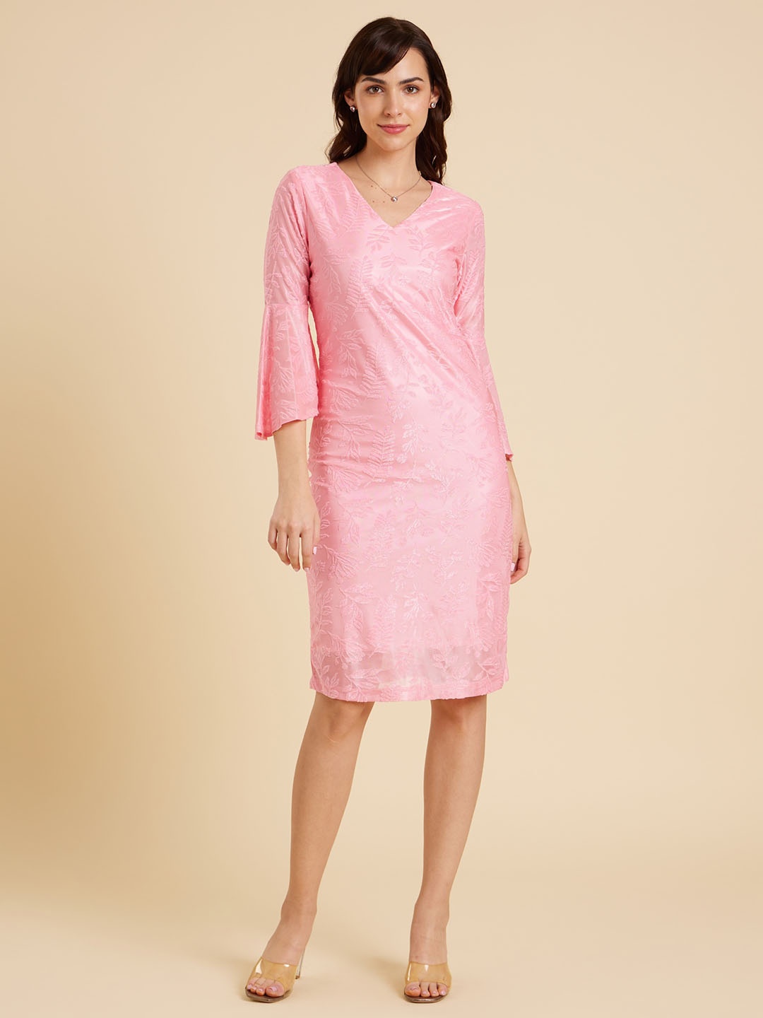 

Emmyrobe Floral Embroidered Bell Sleeves Sheath Dress, Pink