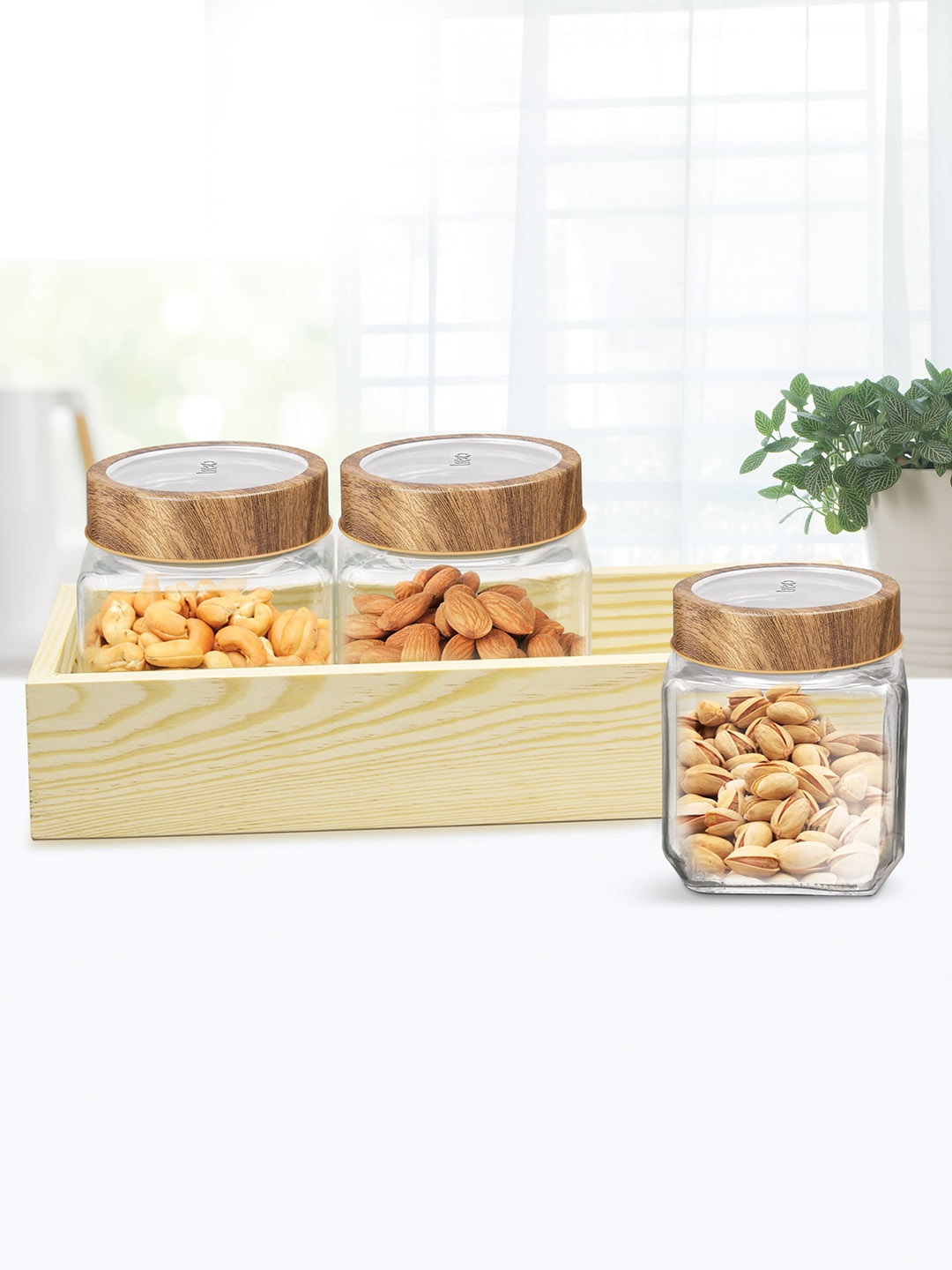 

Treo Cuwood Storage 3 Pieces Transparent Jar With Wooden Tray & Lid 580 ml Each