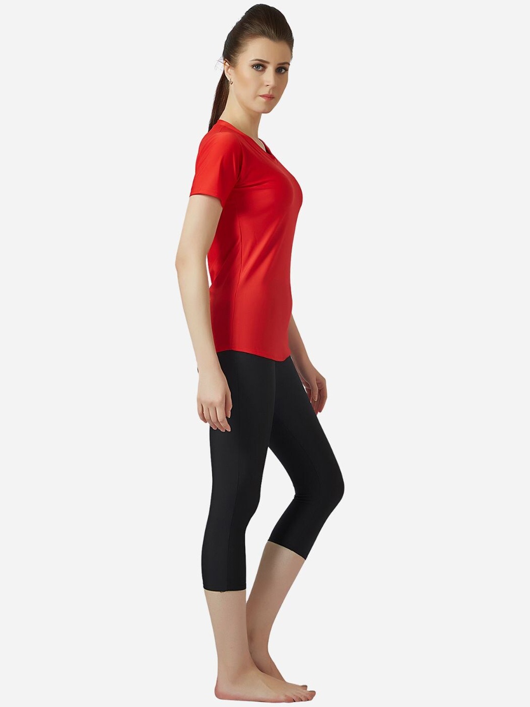 

VELOZ Women Anti Chafing Swimming Top With Tights, Red