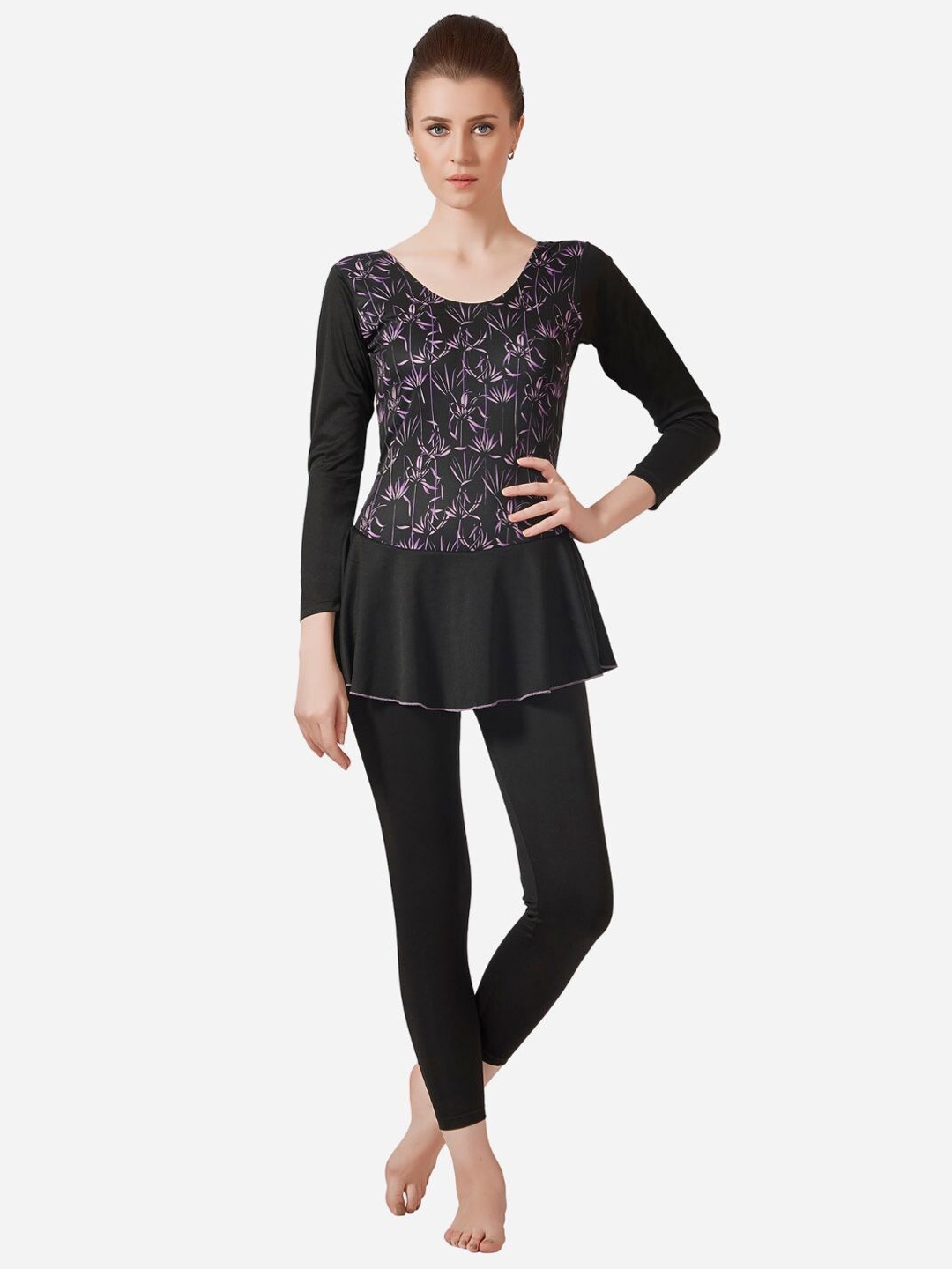 

VELOZ Women Printed Anti Chafing Swimming Dress With Attached Tights, Black